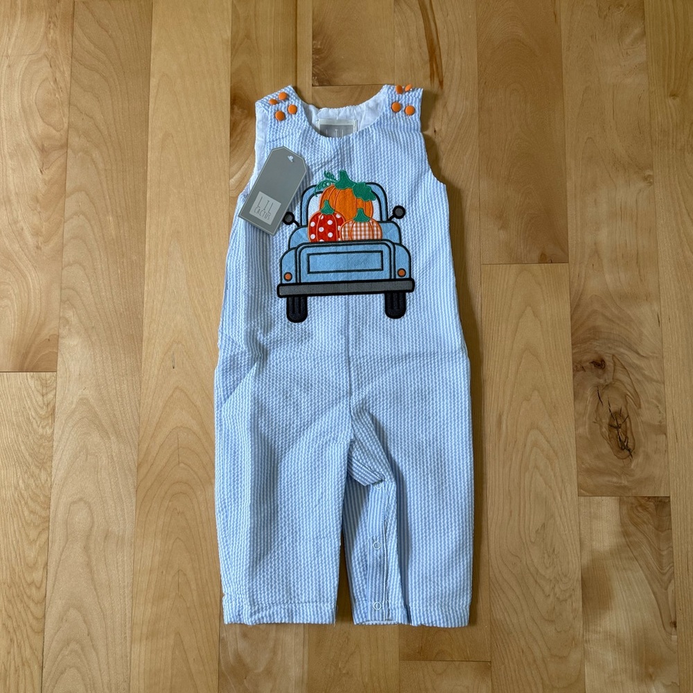 Lil Cactus Boys Fall Seersucker Romper Blue White 12-18 mo Fall Pumpkin Truck